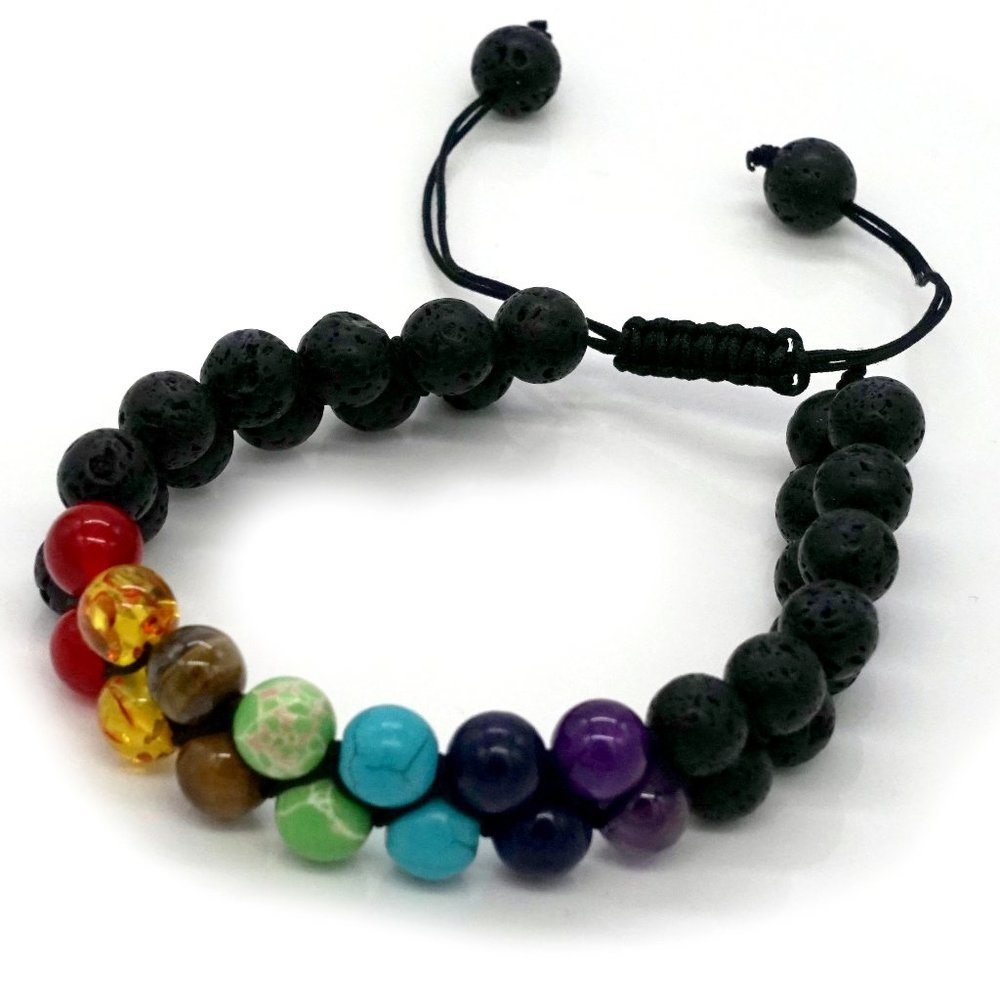 Bracelet with Chakra Colors, Lava Beads, Unisex.